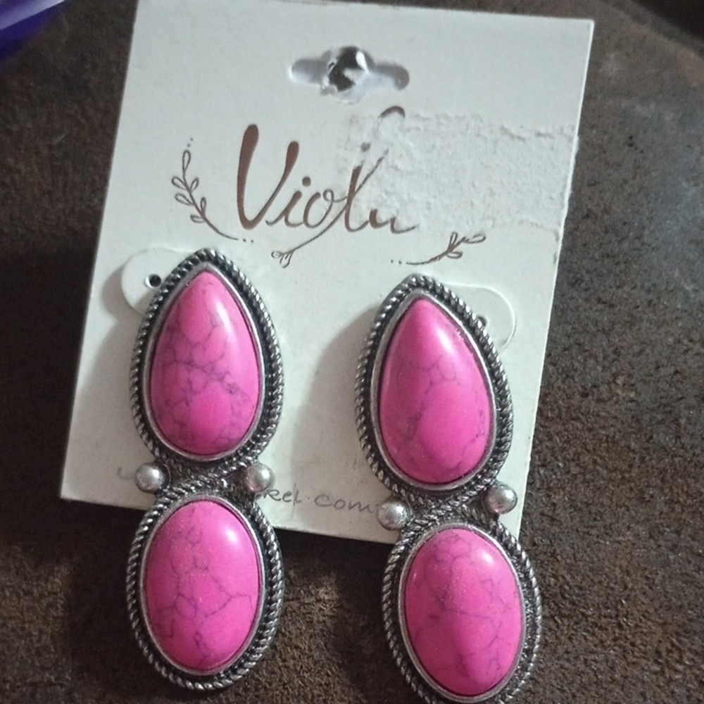 Vintage Pink Cabochon Silver Drop Earrings